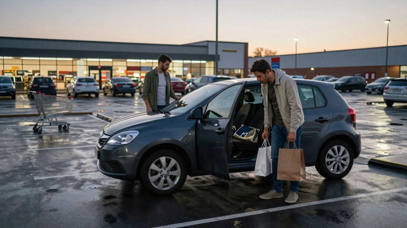 Dois homens carregam sacos de compras junto a um carro estacionado num parque de um supermercado ao pôr do sol.