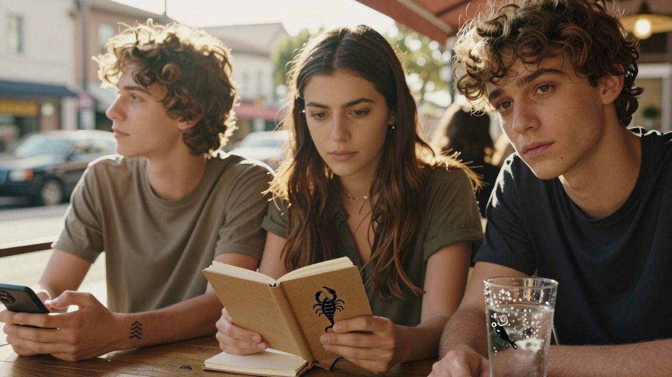 Três jovens sentados numa esplanada, com uma rapariga a ler um livro e dois rapazes a olhar em direções diferentes.