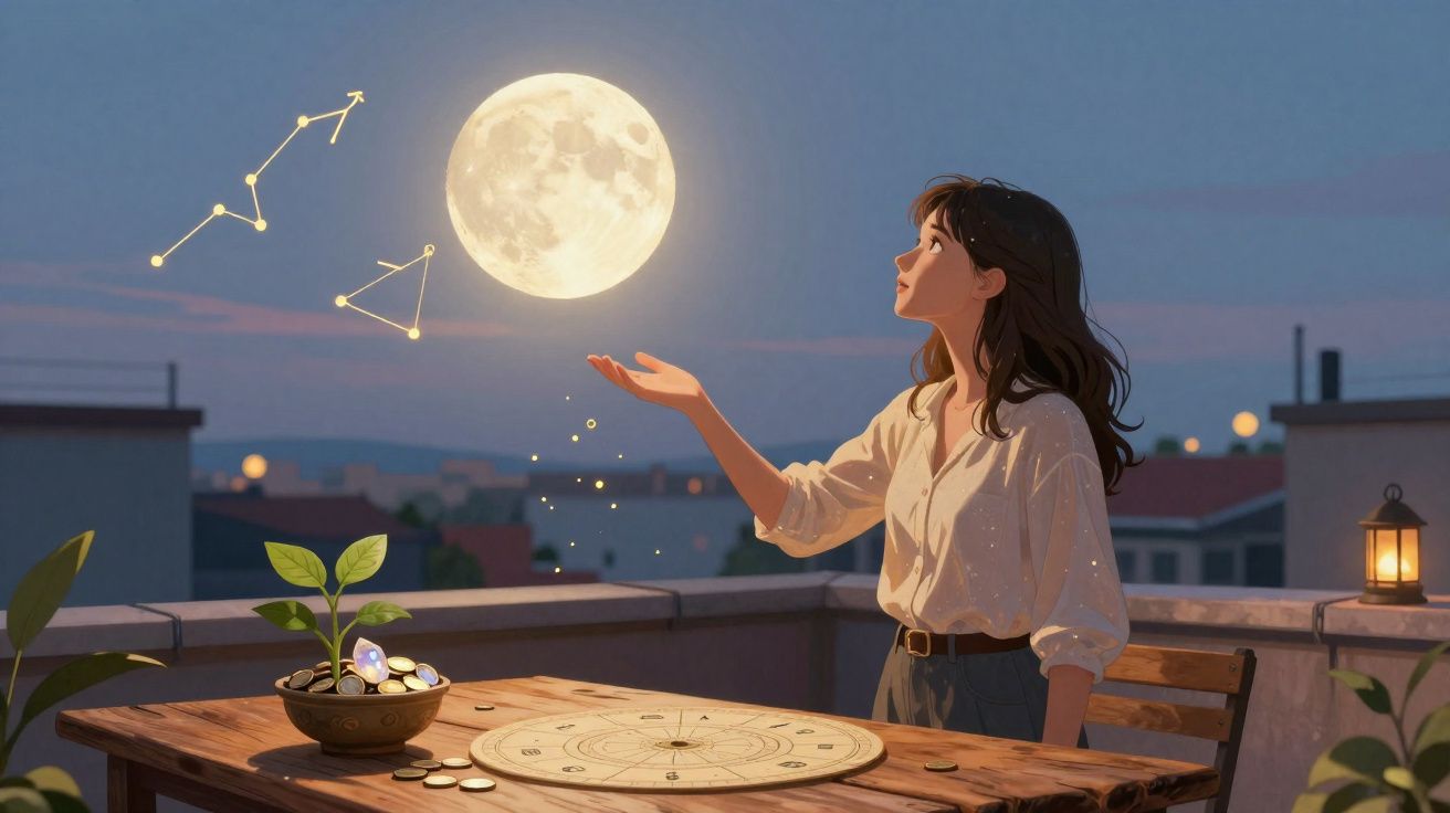 Mulher num terraço à noite a tocar numa lua brilhante com constelações e mapa astral à sua frente.