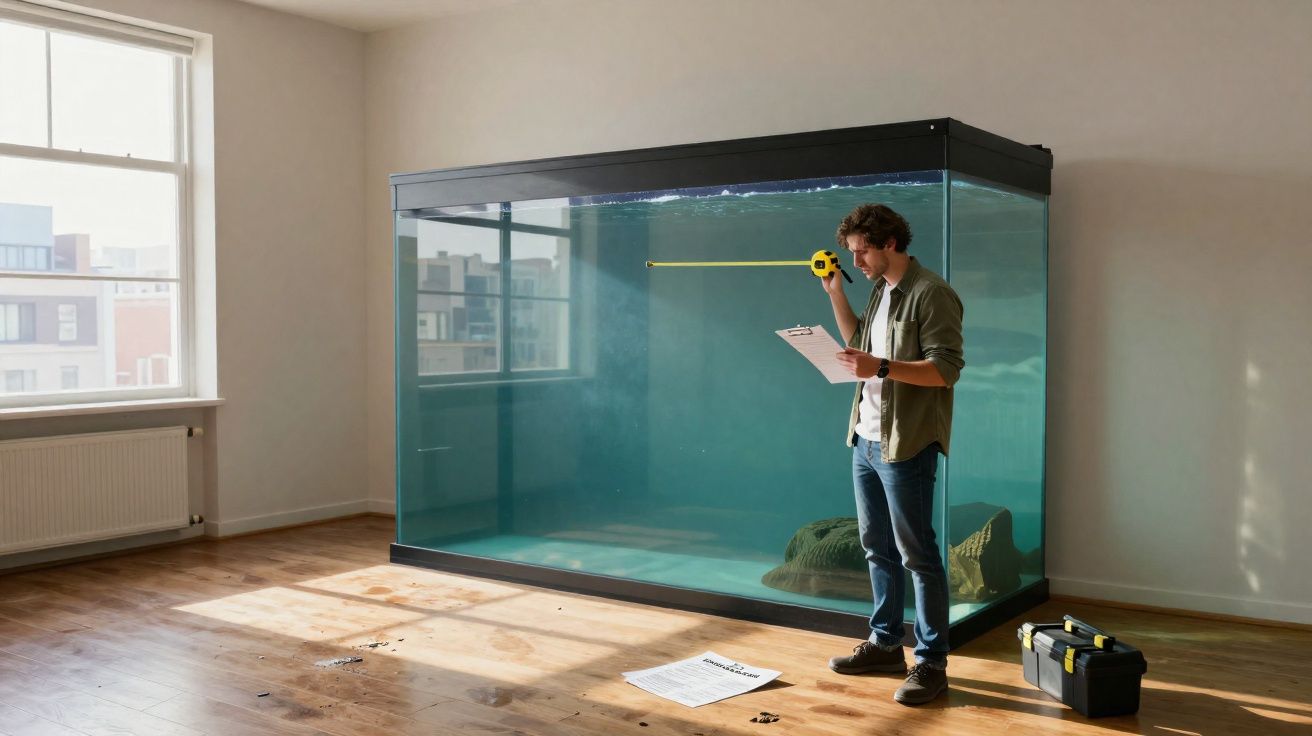 Homem a medir a altura de um aquário gigante numa sala iluminada por luz natural.