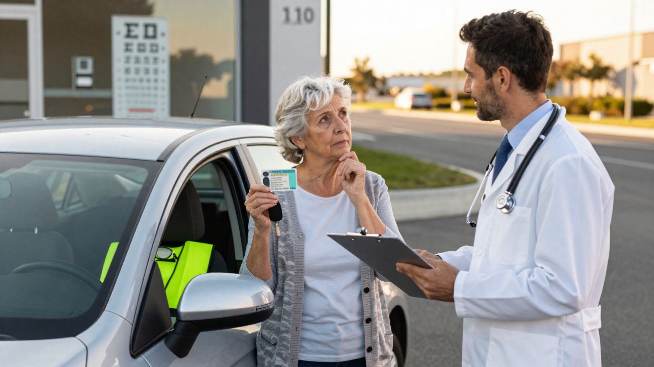 Mulher idosa segura carta de condução ao lado de carro, conversando com médico em ambiente urbano.