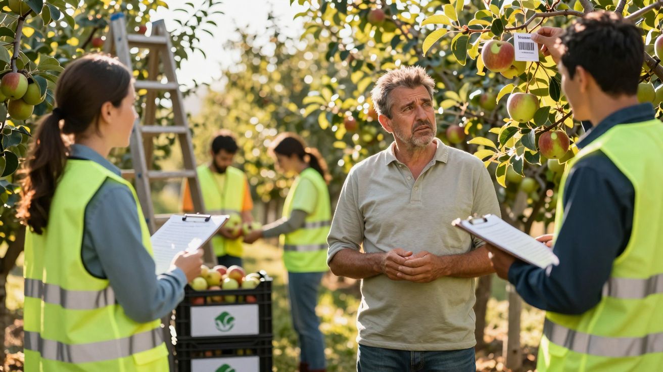 Agricultor e equipa com coletes refletores avaliam maçãs e registam dados numa pomar.