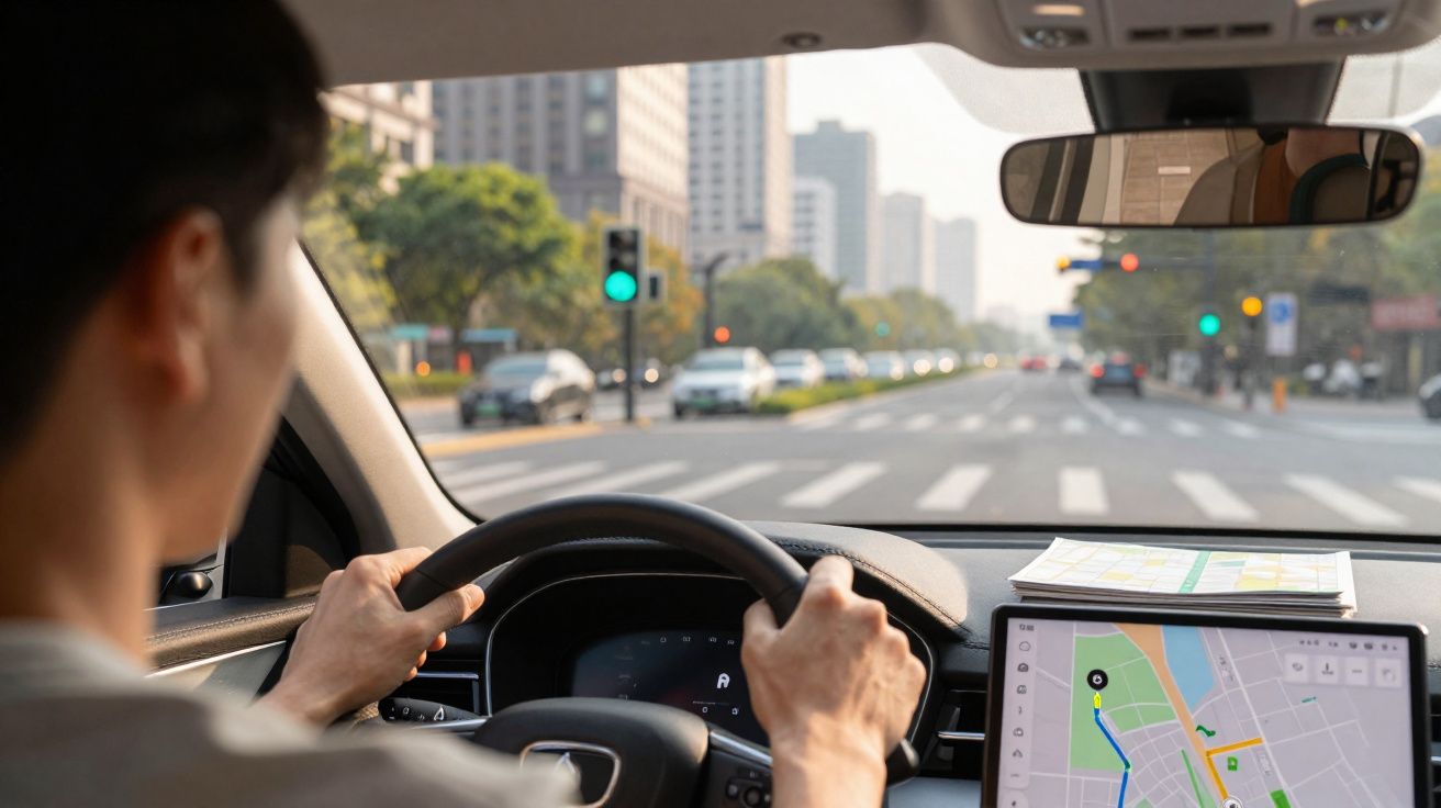 Pessoa ao volante com mapa digital no ecrã e semáforo verde à frente numa estrada urbana movimentada.