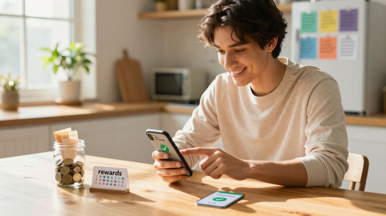 Jovem sentado numa cozinha, a usar telemóvel para verificar recompensas, com frasco de moedas e telemóvel na mesa.