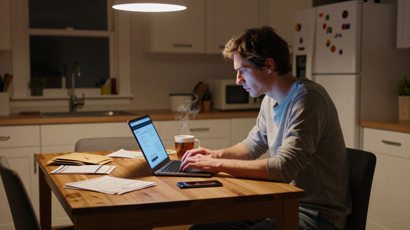 Homem a trabalhar ao computador numa cozinha à noite com chá quente e documentos espalhados na mesa.