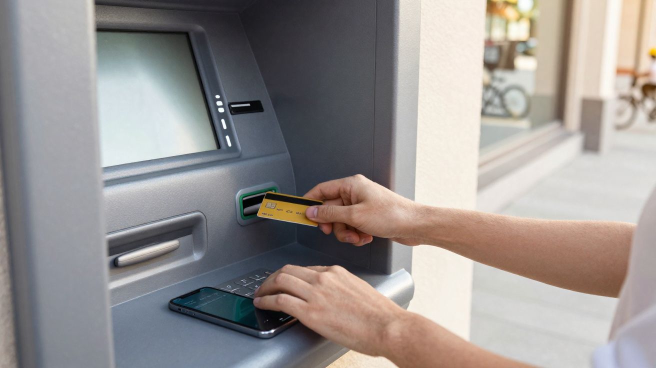 Pessoa a inserir cartão multibanco num caixa automático à beira da rua com telemóvel em cima.