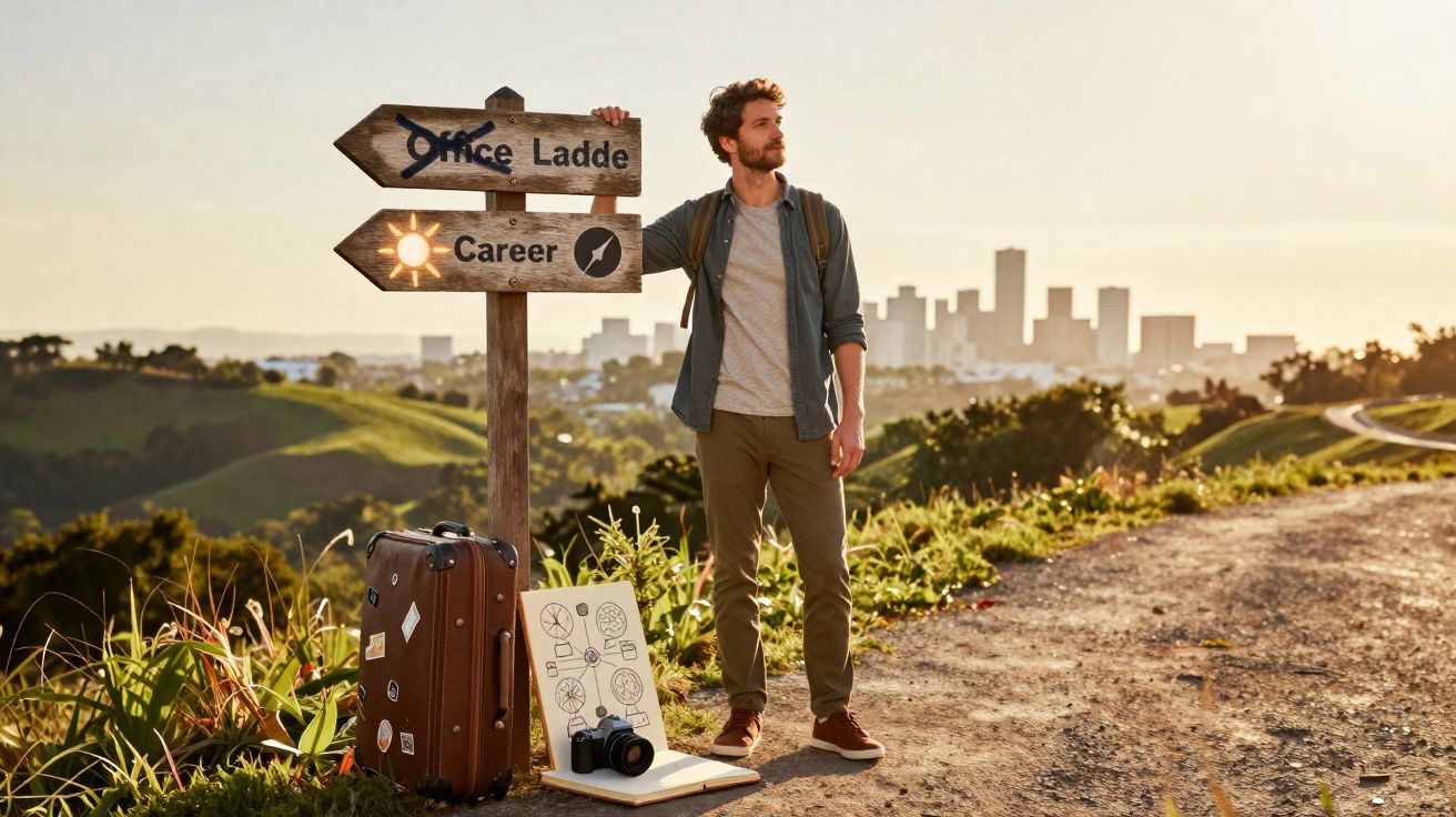 Homem com mochila junto a placa indicando direções "Career" e "Office Ladder", com mala e material fotográfico ao lado.