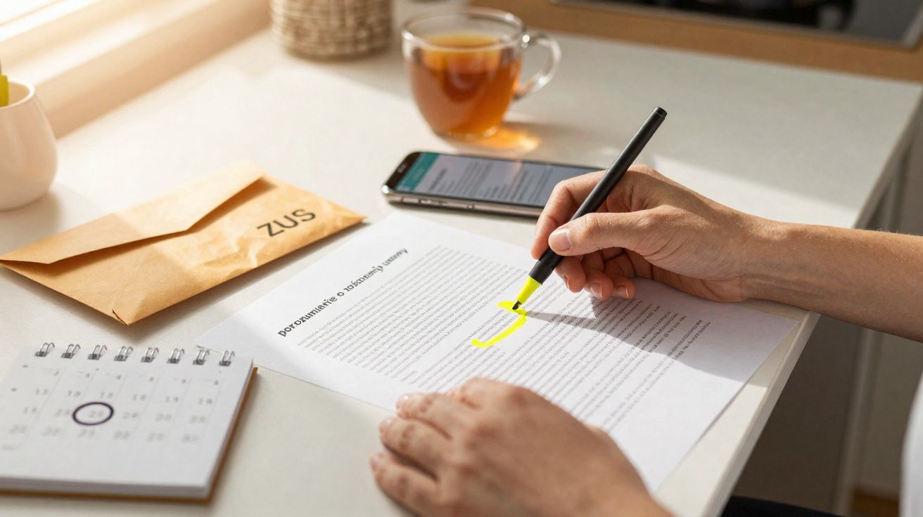 Pessoa a sublinhar texto num documento com marcador amarelo, ao lado de calendário, envelope e chá.