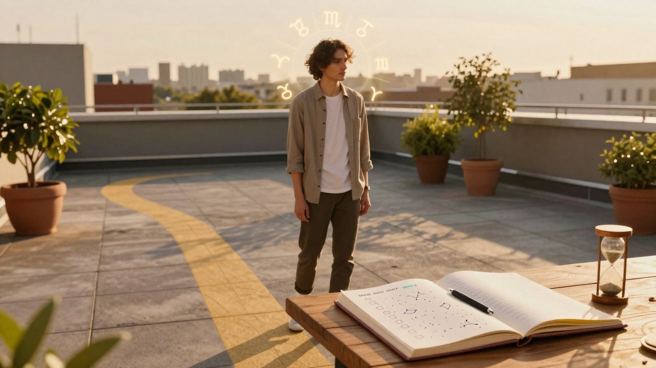 Jovem de pé numa varanda ao entardecer, com livro de astrologia aberto e ampulheta numa mesa ao lado.