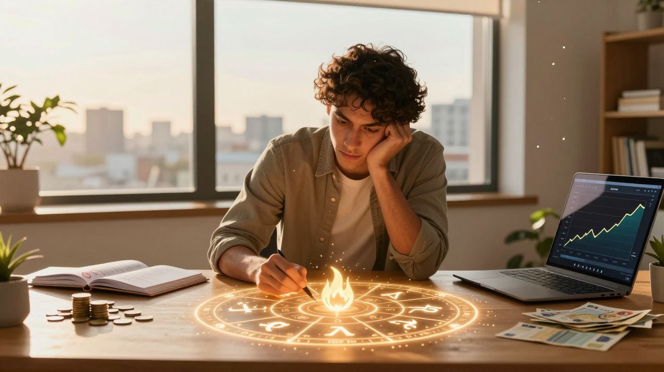 Jovem concentrado a desenhar símbolo místico luminoso numa mesa com livro, moedas e computador com gráfico.