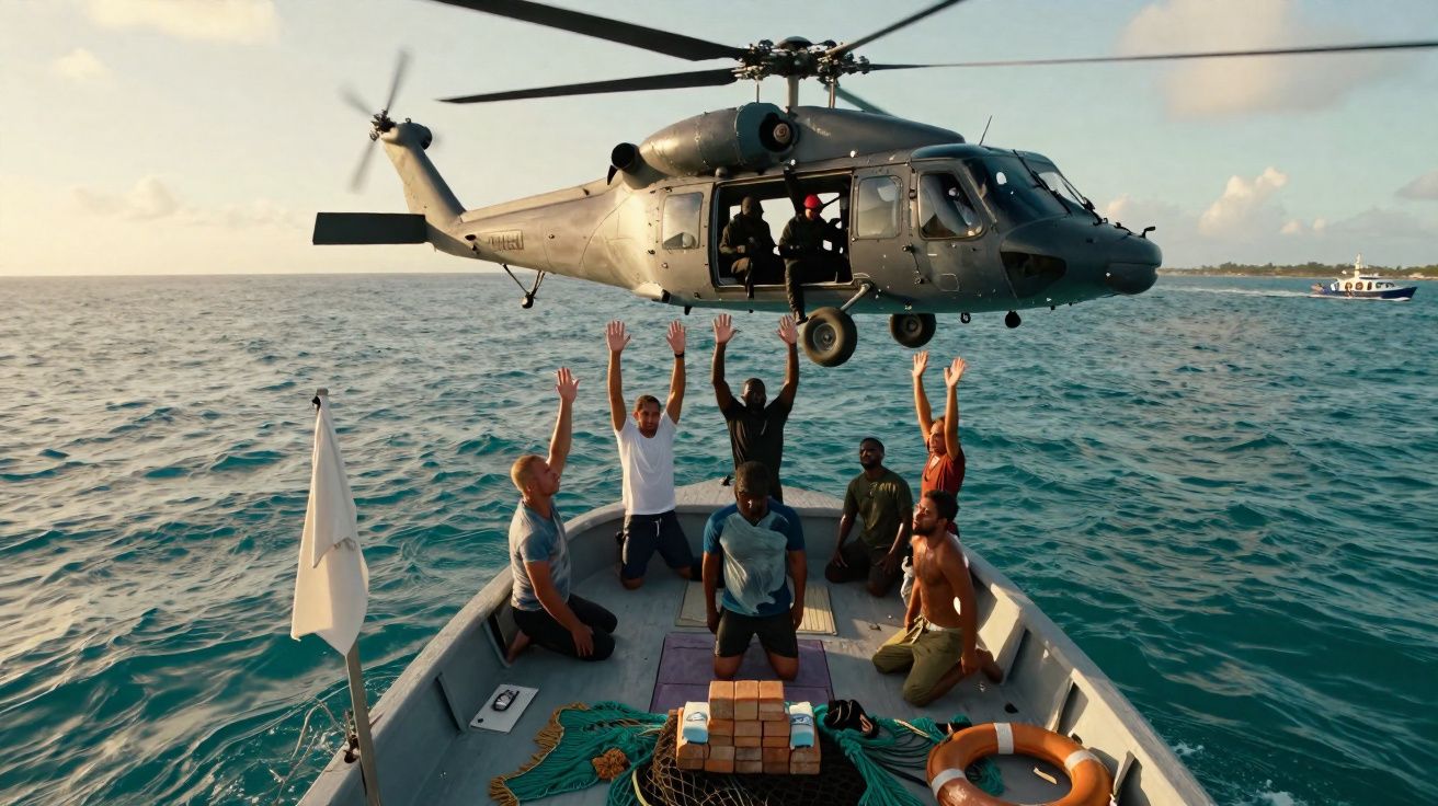 Helicóptero sobrevoa homens num barco no mar, alguns com os braços levantados, em cenário costeiro ao pôr do sol.