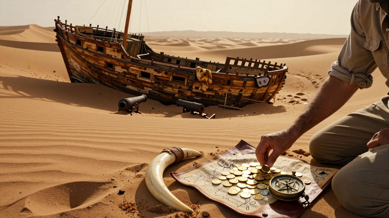 Barco antigo enterrado na areia do deserto com canhões, mapa, moedas e bússola junto a uma pessoa.