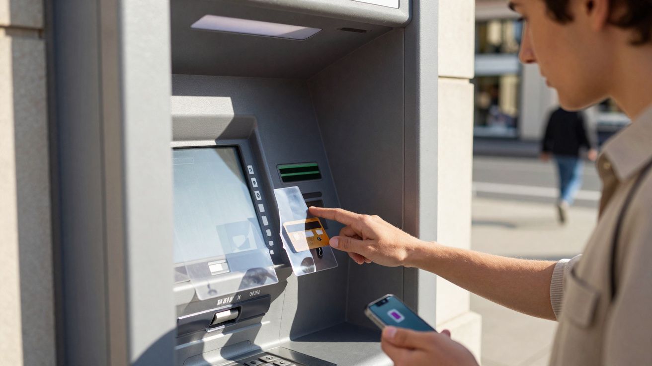 Pessoa a usar um cartão numa caixa multibanco enquanto segura um telemóvel na mão.