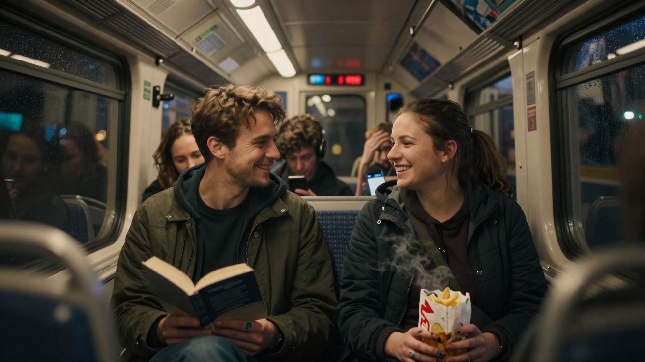 Dois jovens sorridentes sentados num comboio, um com um livro e a outra com batatas fritas quentes.