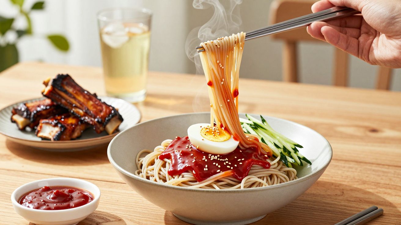 Taça de noodles com molho vermelho, ovo cozido e pepino, pratos de costelas e molho ao lado.