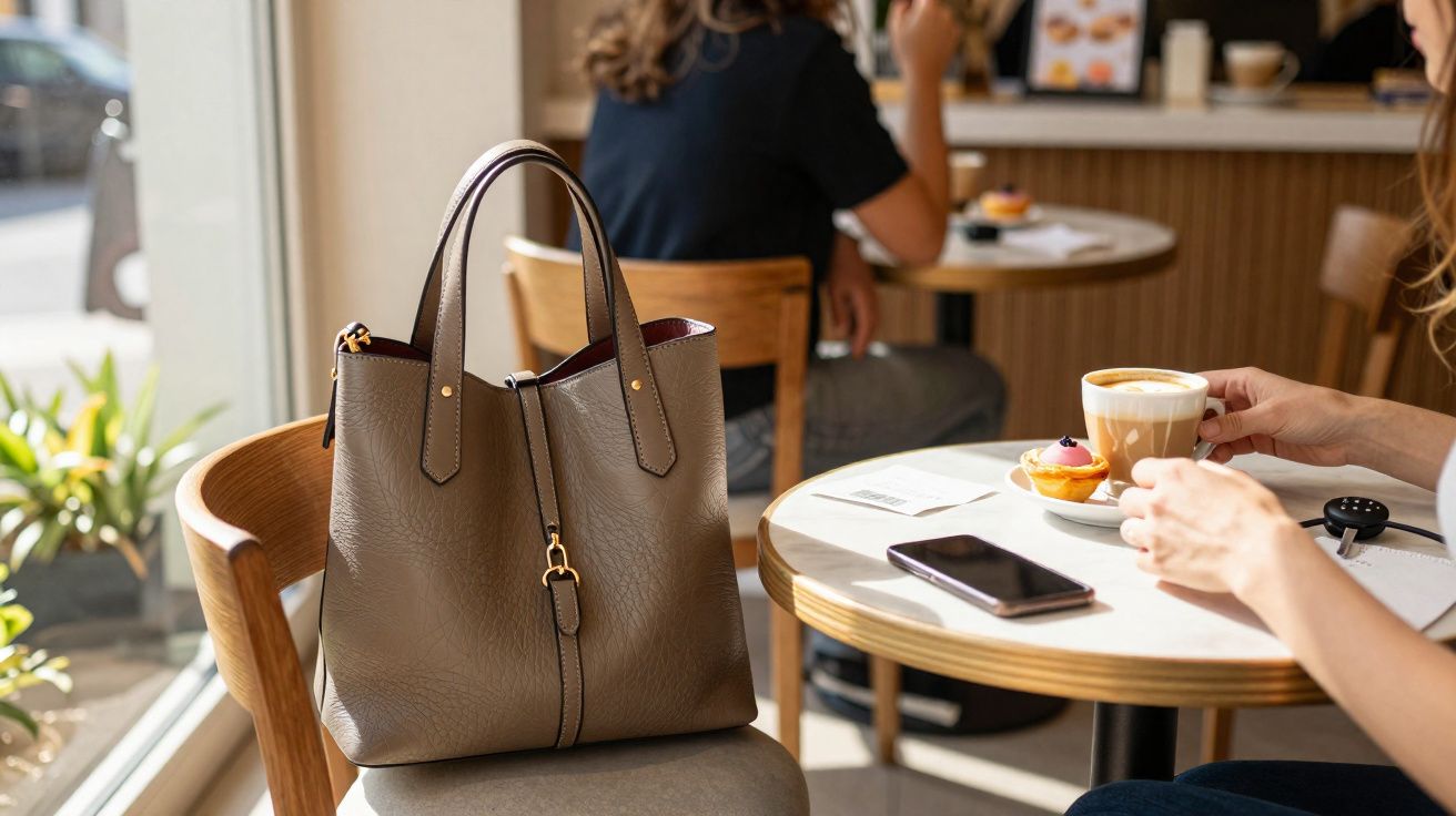 Mala castanha num café em cima de uma cadeira ao lado de uma mesa com café, telemóvel e pastel de fruta.