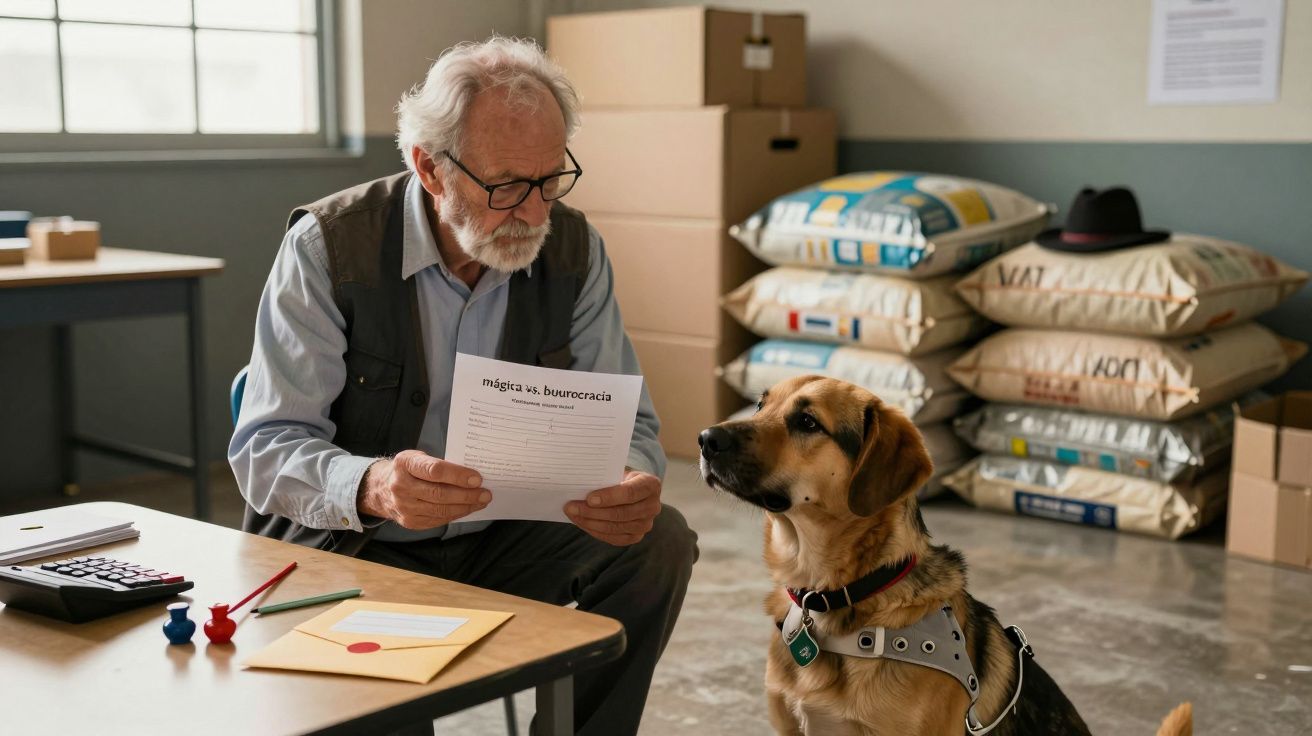 Homem idoso sentado a ler documento enquanto cão com arnês está sentado à sua frente numa sala com sacos grandes e caixas.