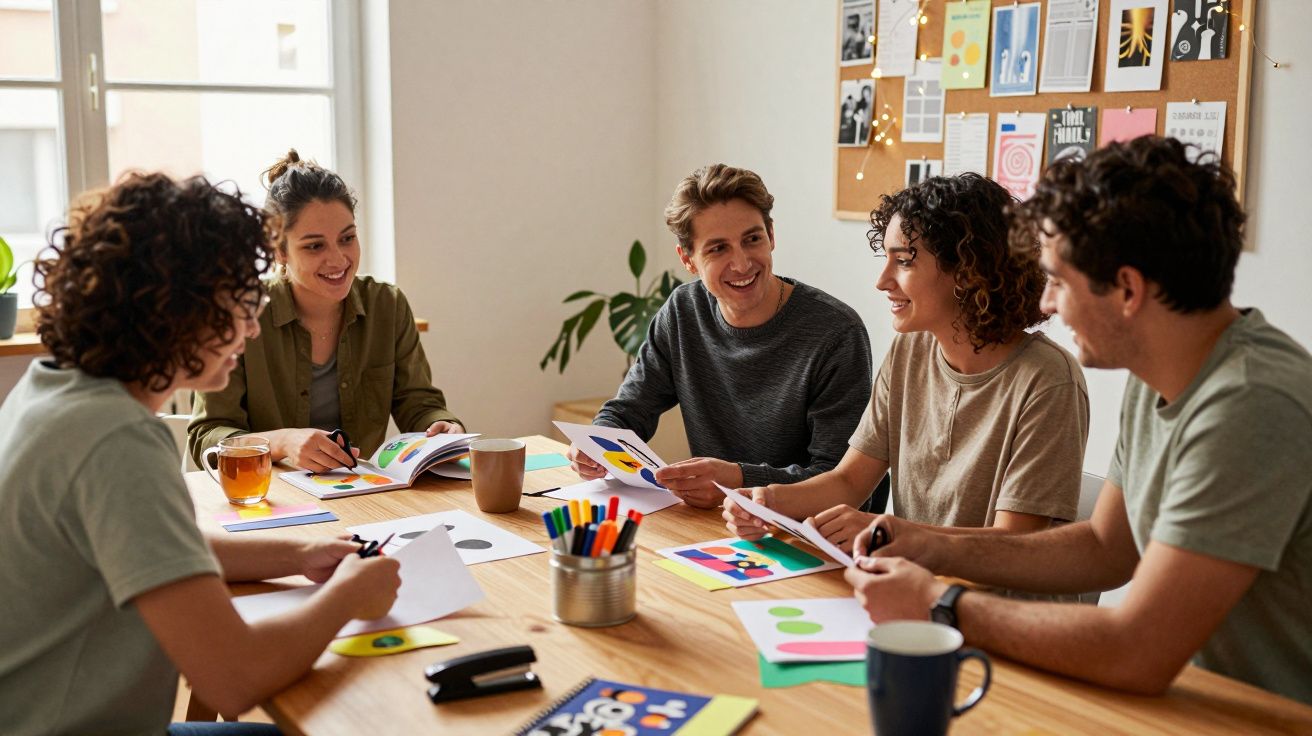 Grupo de cinco jovens a trabalhar em projetos criativos numa mesa com materiais de desenho e conversa animada.