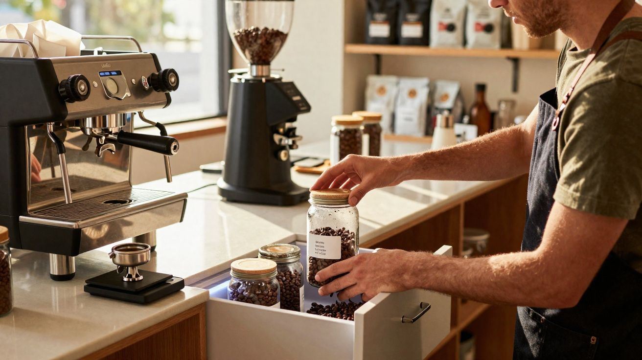 Homem a guardar frascos com grãos de café num armário de cozinha com máquina de café.
