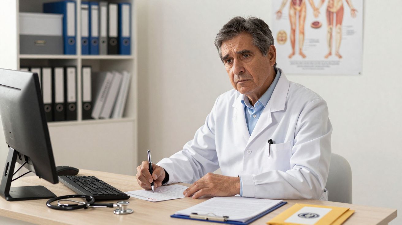 Médico sénior sentado numa secretária a escrever numa folha, com computador, estetoscópio e pasta ao lado.