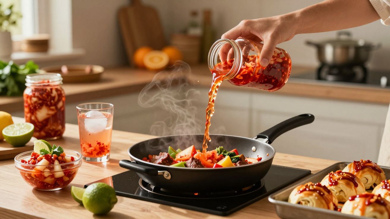 Pessoa a deitar molho picante numa frigideira com carne e legumes numa cozinha moderna.
