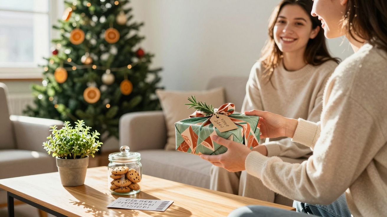 Duas mulheres trocando presente de Natal junto a uma árvore decorada e uma mesa com biscoitos.