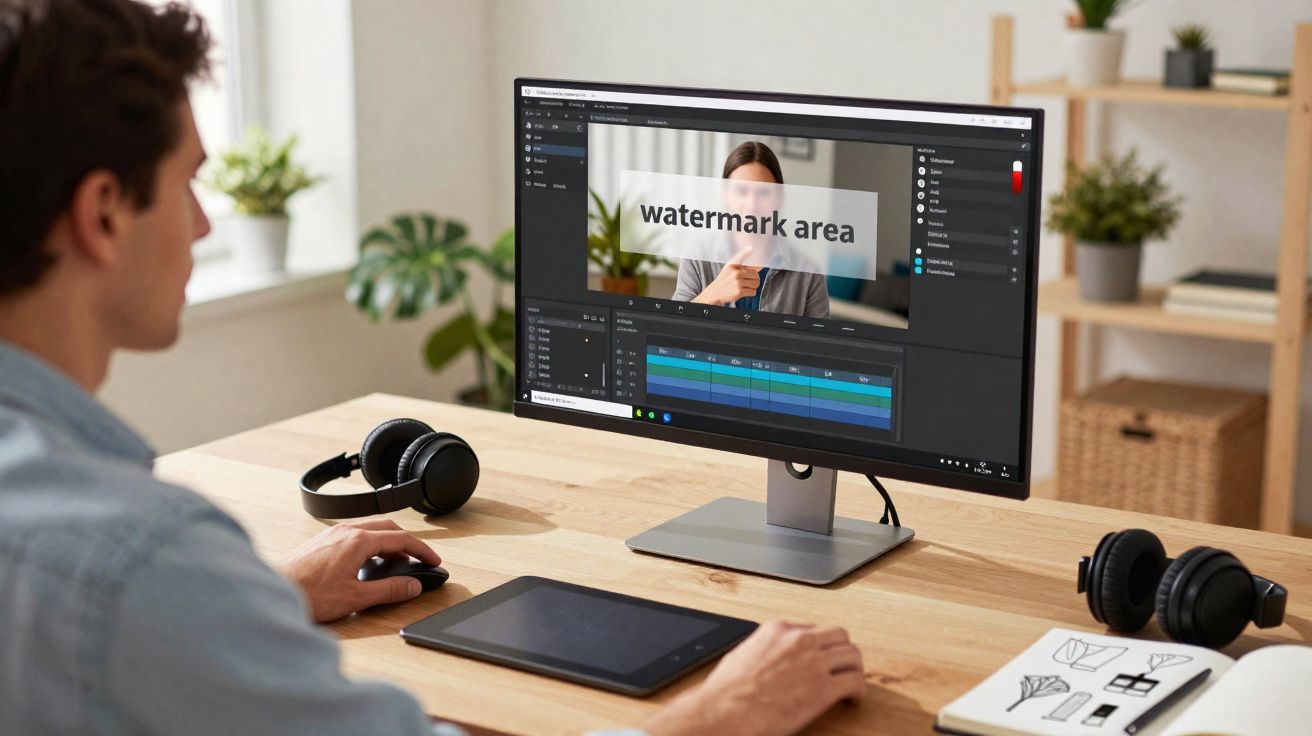 Pessoa a editar vídeo num computador num ambiente de escritório com auscultadores e tablet na secretária.