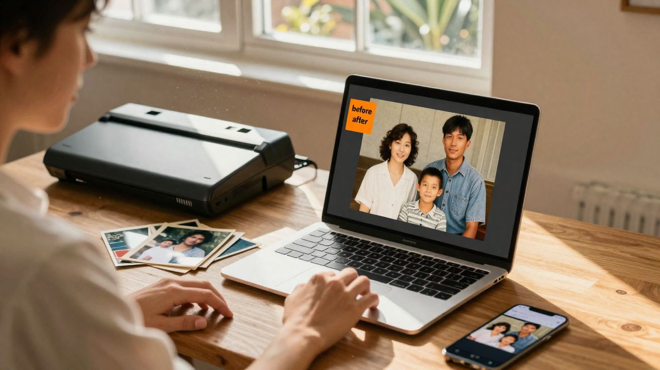 Pessoa a digitalizar fotografias antigas para o computador, visualizando uma família numa aplicação de restauração digital.