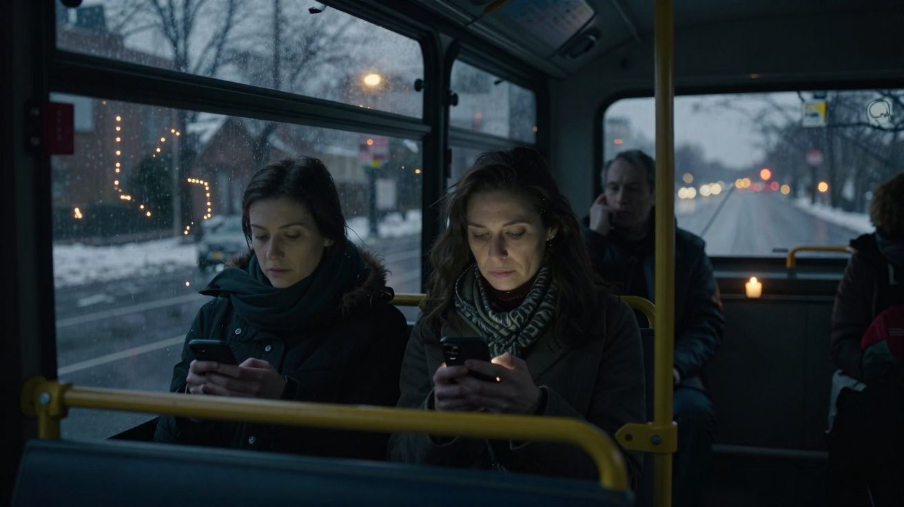 Passageiros no autocarro numa tarde escura, dois mulheres focadas nos seus telemóveis.