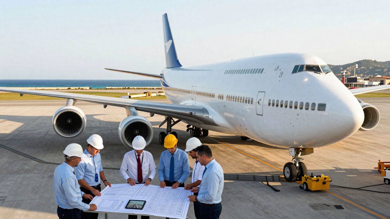 Equipa de engenheiros com capacetes a analisar plantas junto a um avião grande no aeroporto.