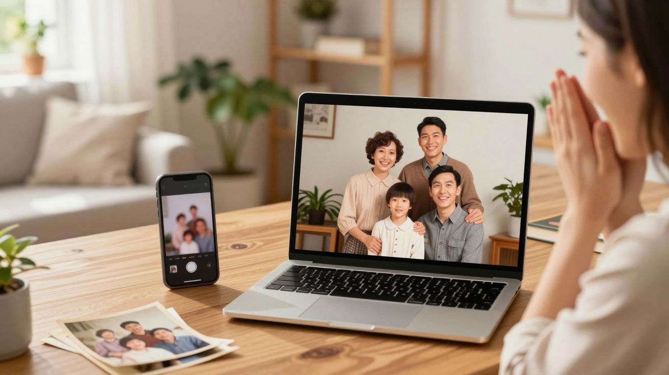 Mulher faz videochamada com família sorridente no portátil, com fotos e telemóvel numa mesa de madeira.