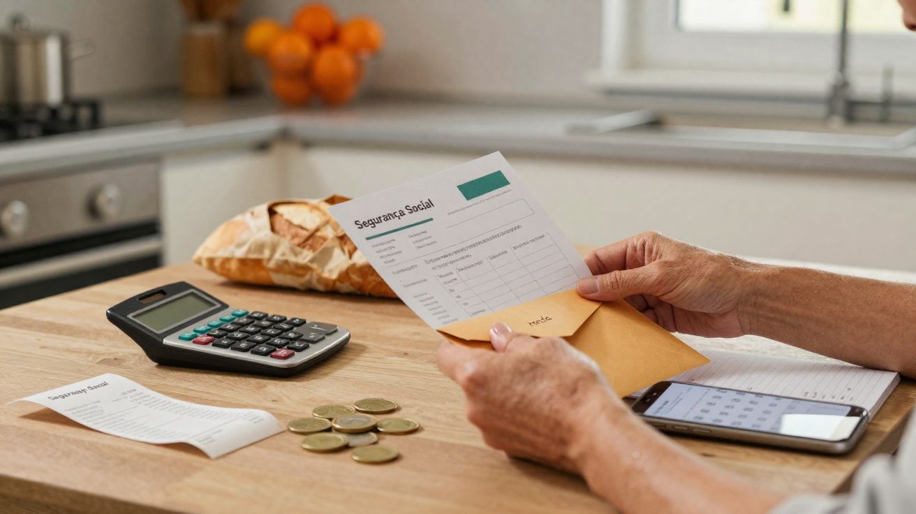 Pessoa a segurar fatura da Segurança Social com calculadora, moedas e telemóvel numa mesa de cozinha.