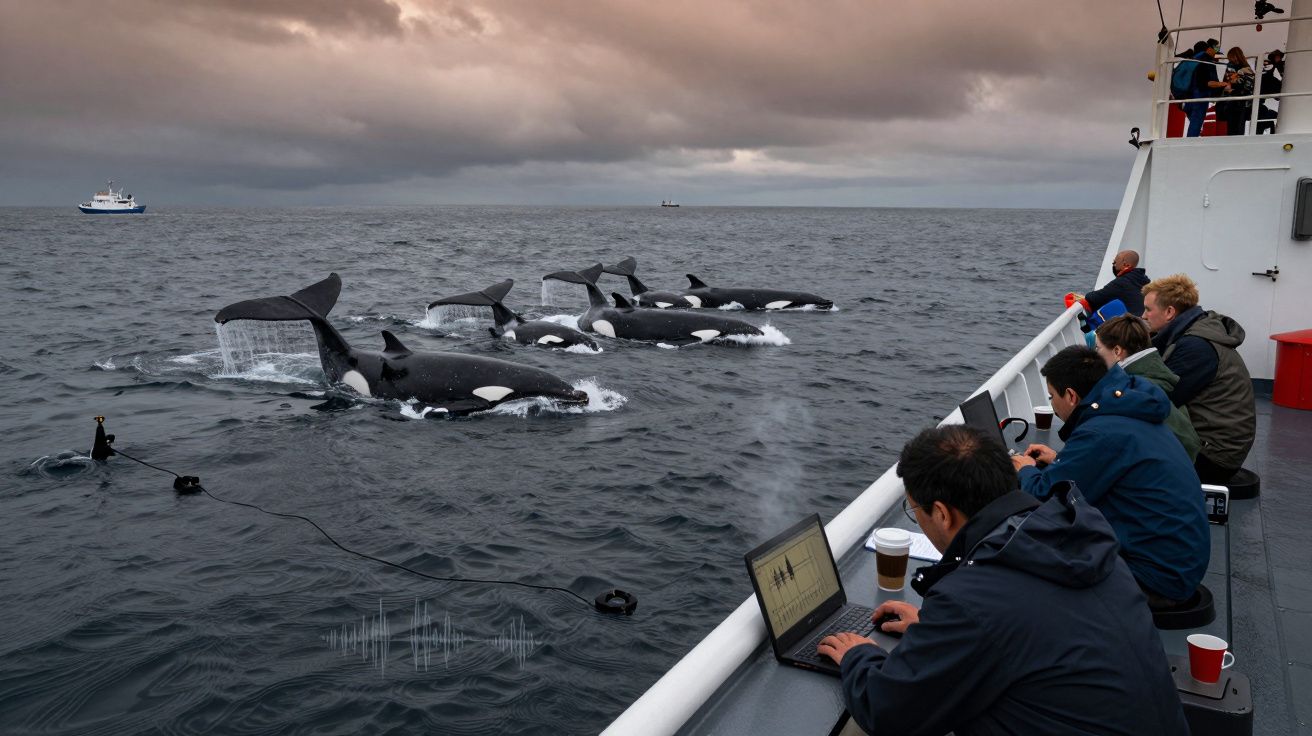 Biólogos observam orcas na água enquanto recolhem dados em laptop a bordo de um barco no mar.