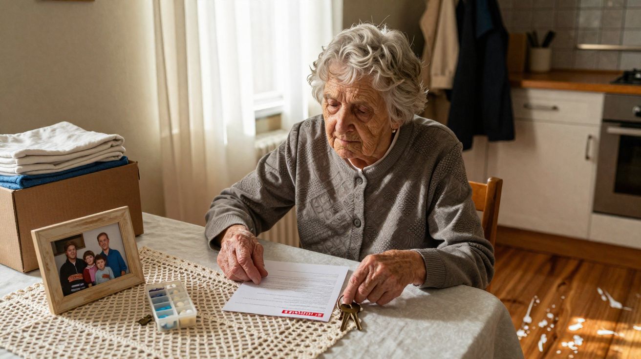 Idosa sentada à mesa a ler uma carta, com fotografias e chaves à sua frente, numa cozinha iluminada.