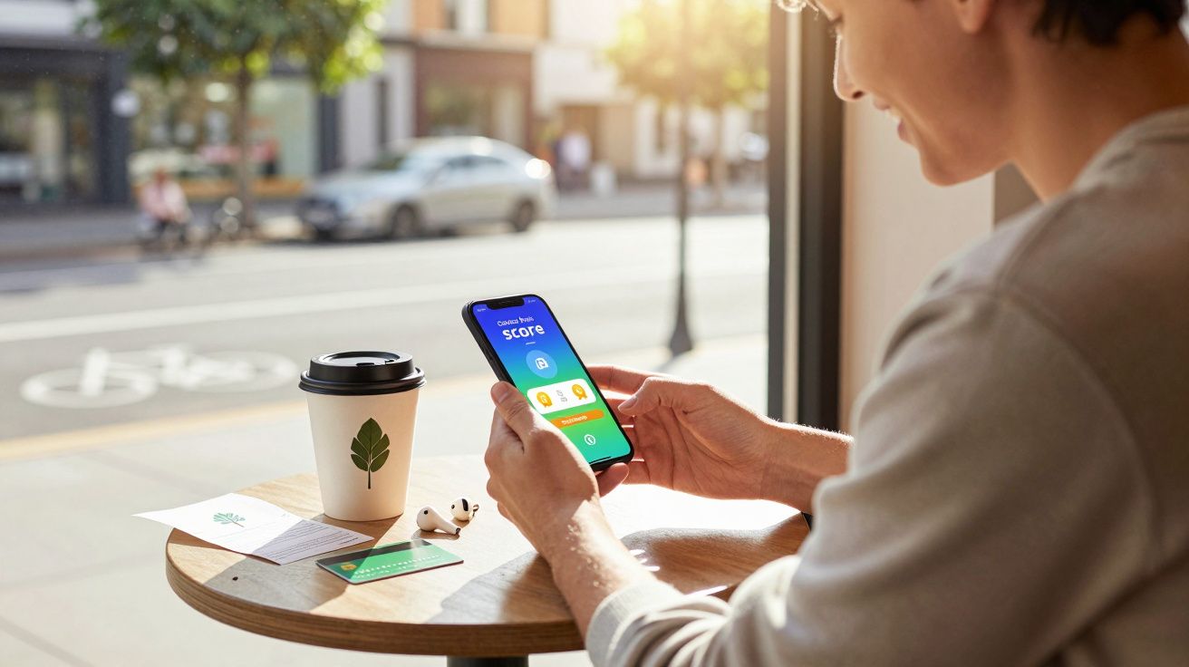 Pessoa sentada numa cafetaria a usar smartphone enquanto tem um café numa mesa redonda junto à janela.