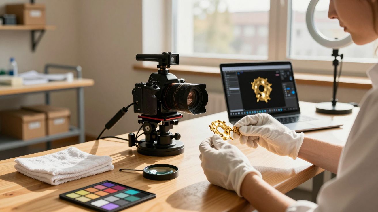 Pessoa com luvas a fotografar peças douradas com câmara profissional e computador portátil à sua frente.