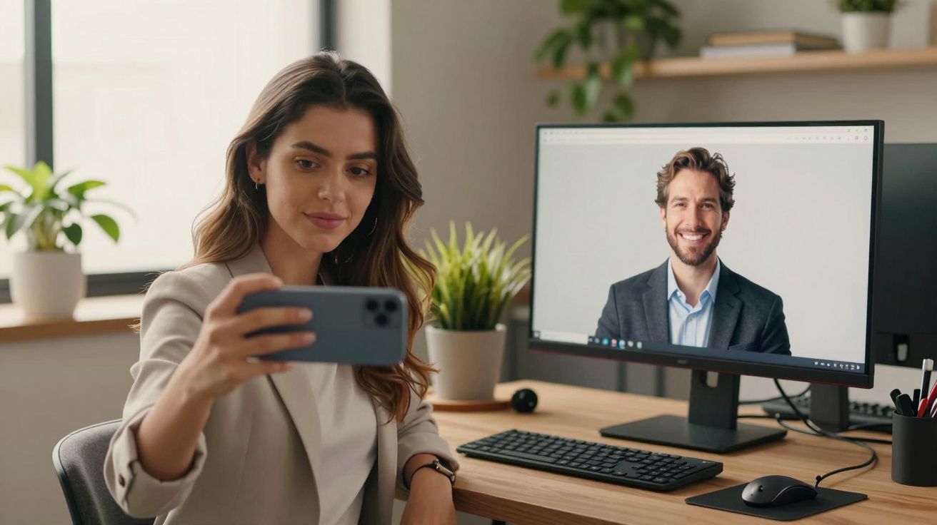 Mulher a fazer videochamada numa secretária com computador mostrando um homem sorridente na tela.