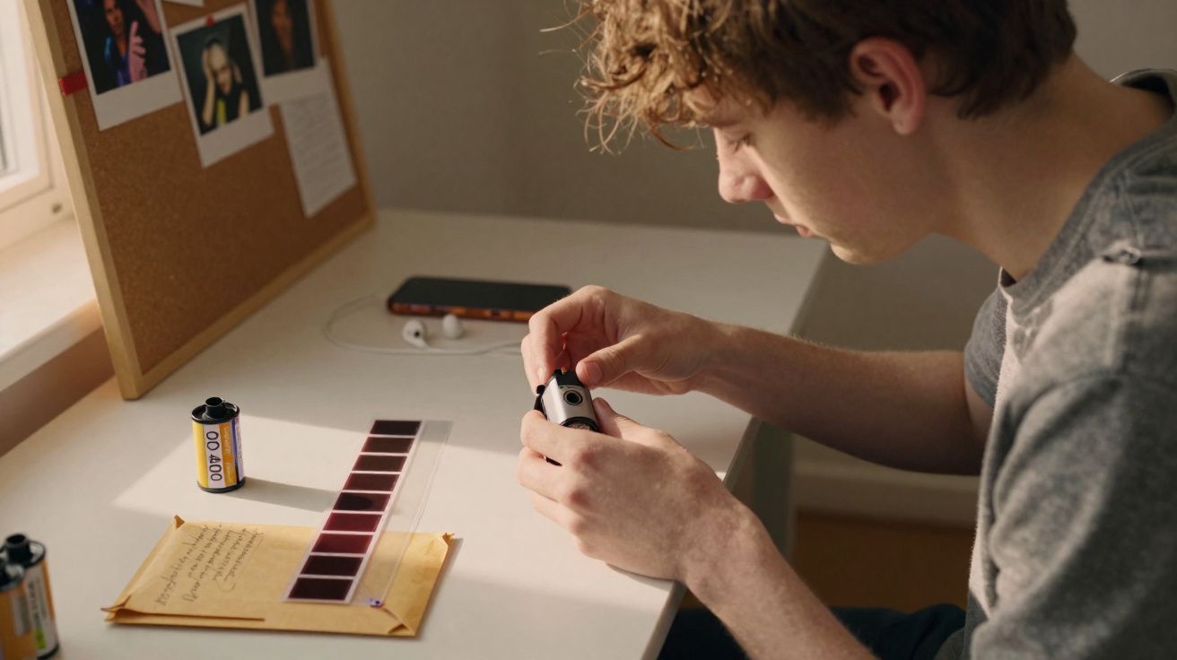 Jovem a manusear uma máquina fotográfica antiga numa secretária com negativos e rolos de filme.
