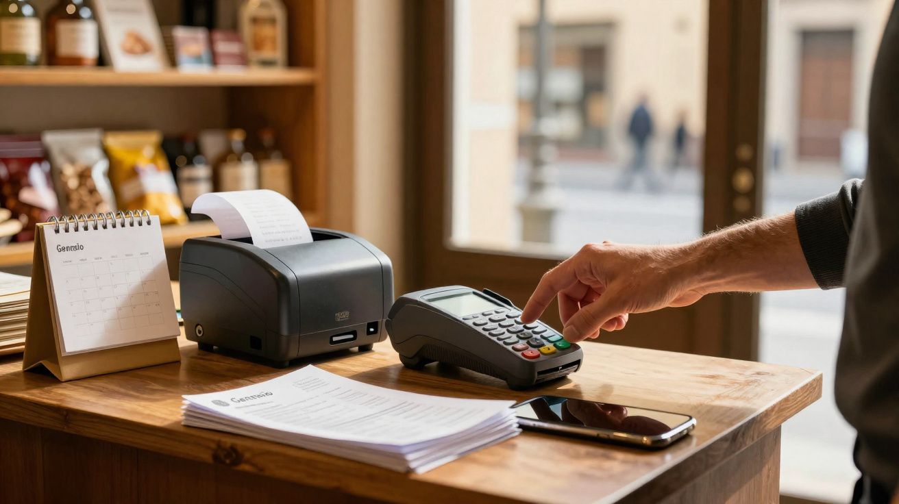Mostrador de loja com terminal de pagamento, impressora de recibos, calendário, documentos e telemóvel.