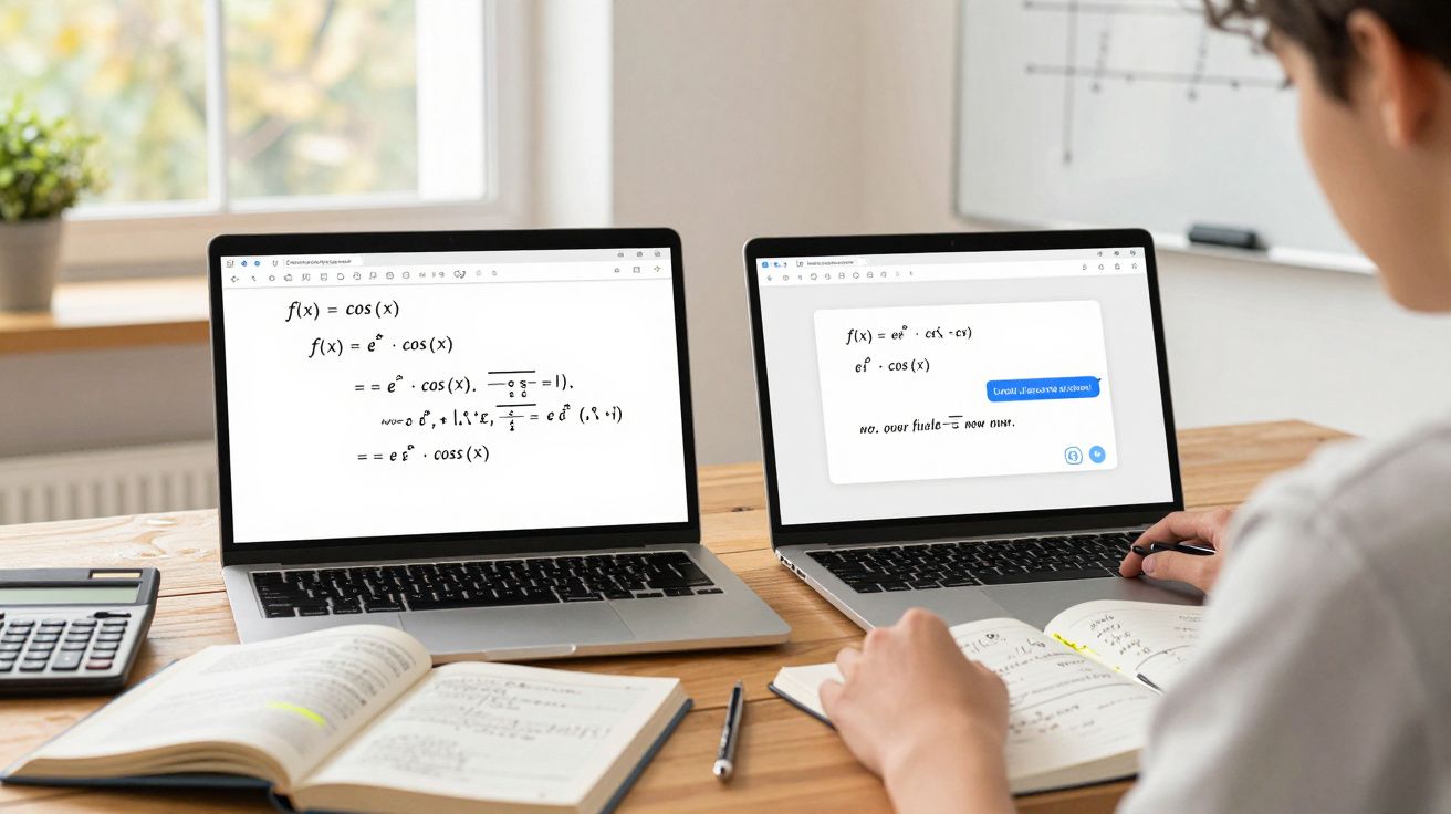 Pessoa a estudar matemática com dois portáteis e livros abertos numa secretária perto da janela.