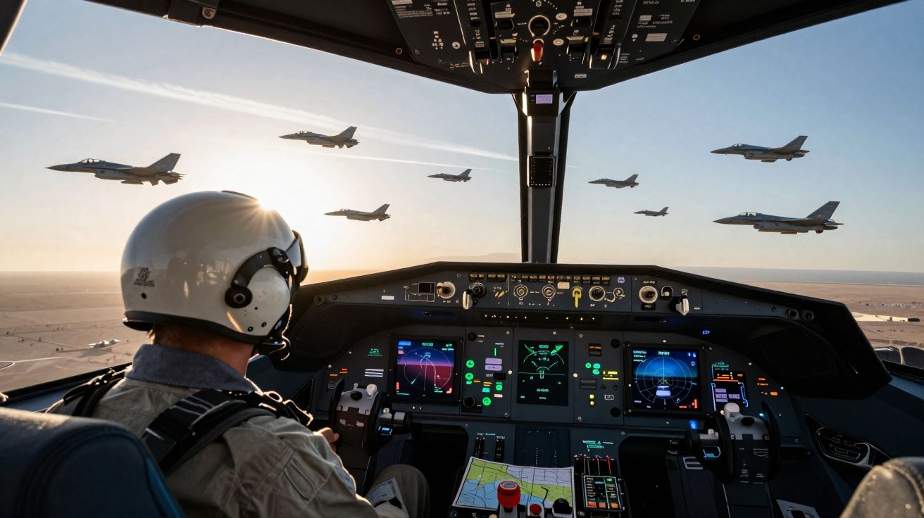 Piloto dentro do cockpit de avião militar a observar formação de jatos de caça no céu ao pôr do sol.