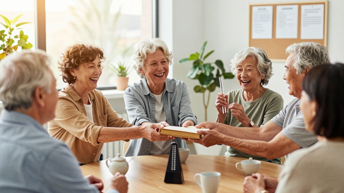 Grupo de idosos sorridentes a partilhar um livro durante uma reunião num ambiente acolhedor e luminoso.