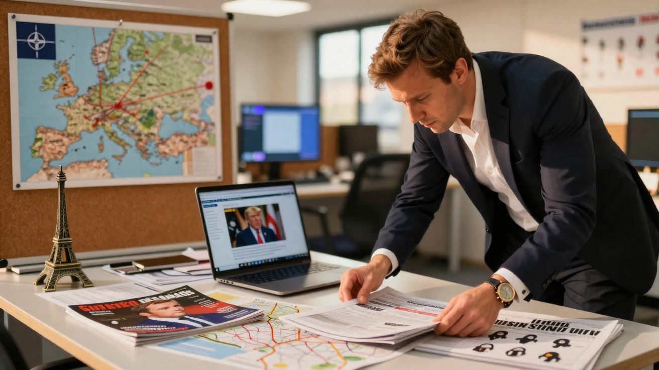 Homem de fato analisa documentos numa mesa com mapa, laptop e miniatura da Torre Eiffel.