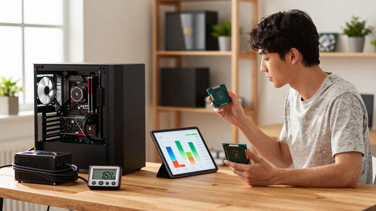 Homem a montar computador, segurando processadores, com gráfico no tablet à sua frente.