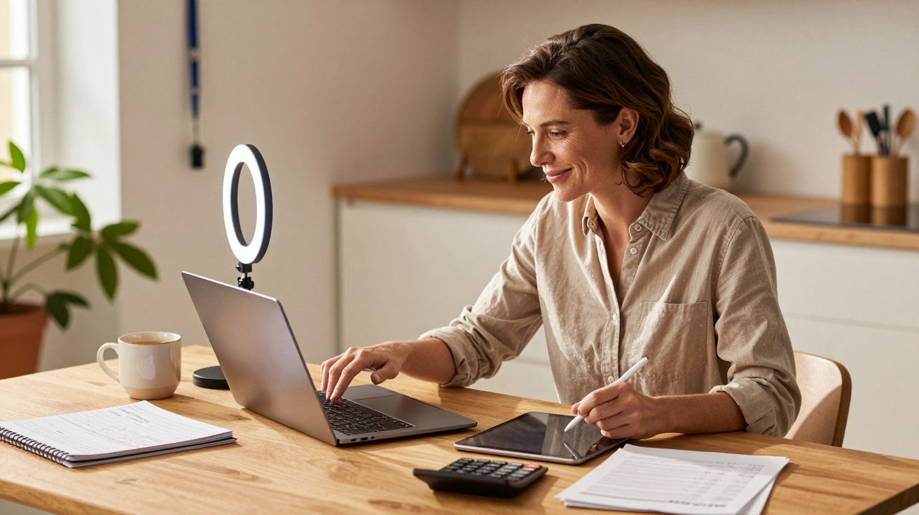 Mulher a trabalhar em teletrabalho com portátil, tablet, calculadora e caderno numa mesa de madeira.