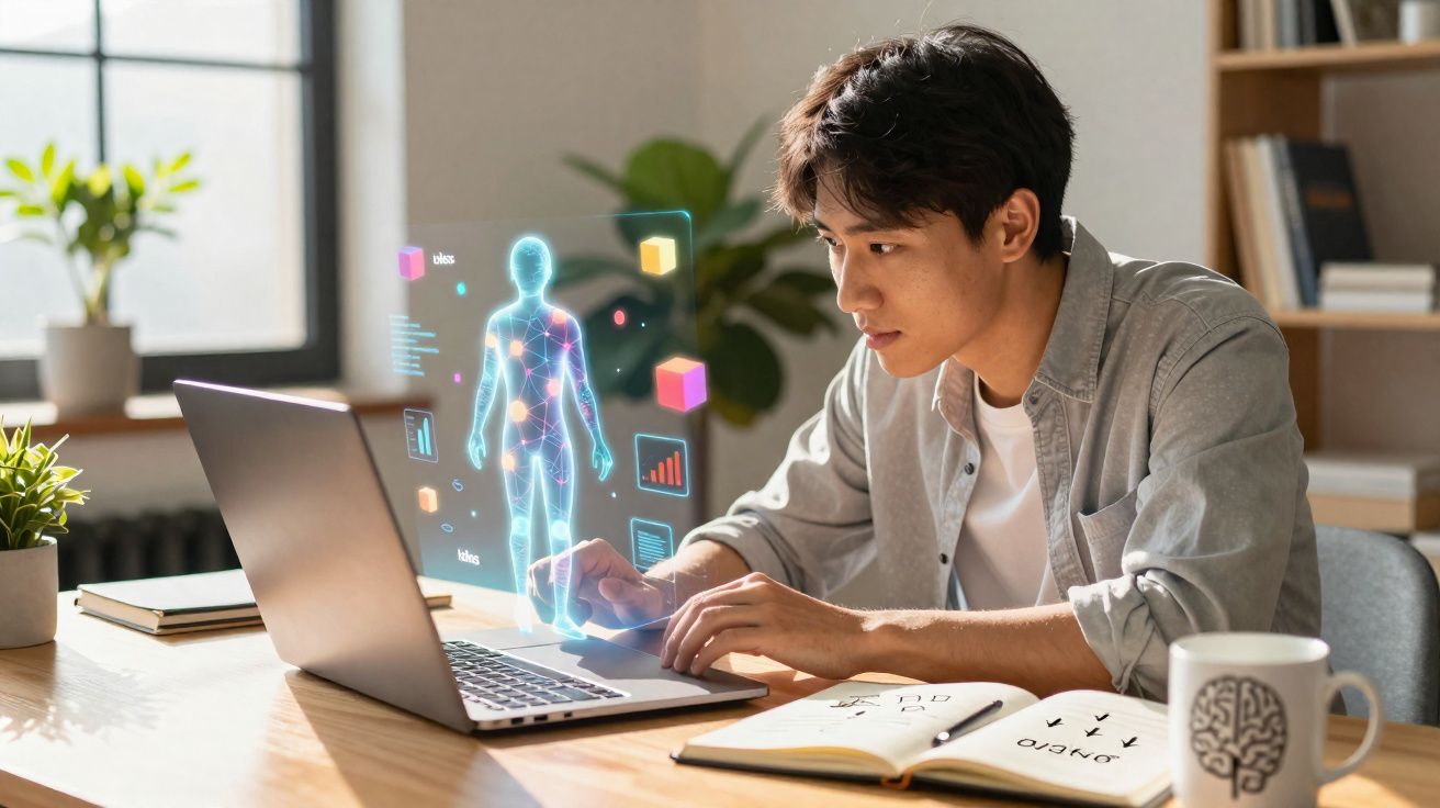 Homem a estudar análise de dados corporais 3D num computador portátil numa mesa com caderno e caneca.