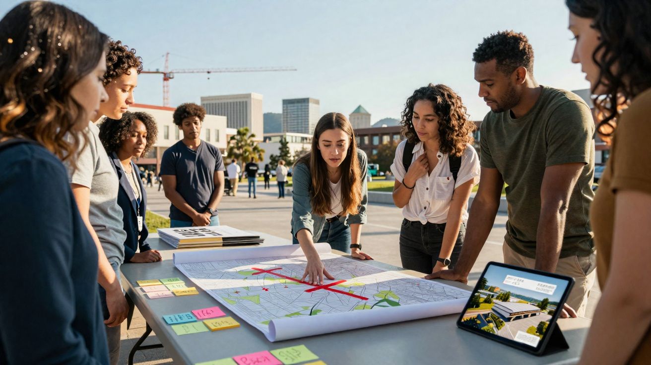 Grupo de pessoas jovens a analisar um mapa numa mesa ao ar livre em ambiente urbano.