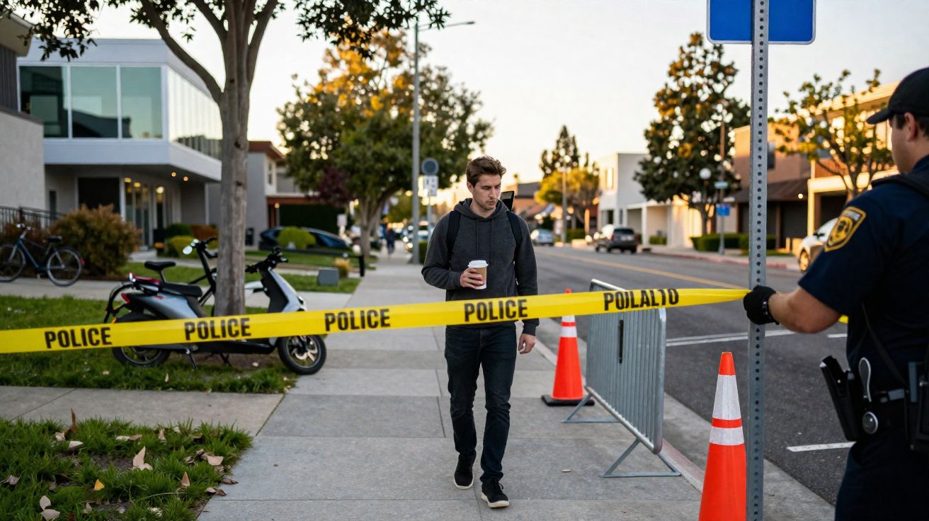 Homem com café passa por área isolada pela polícia numa calçada urbana, policial segura fita amarela.
