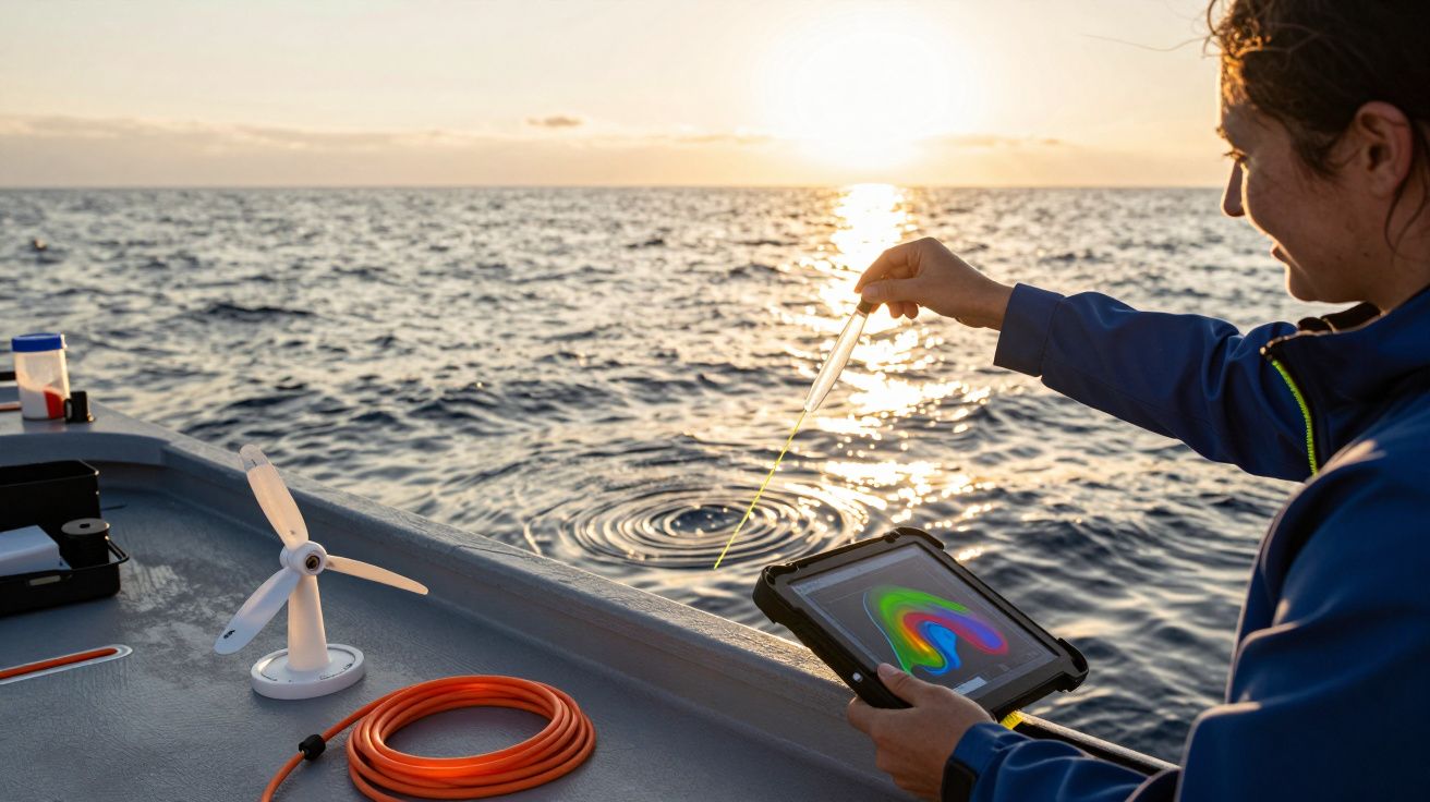 Pessoa a recolher amostra da água do mar num barco com equipamentos tecnológicos ao pôr do sol.