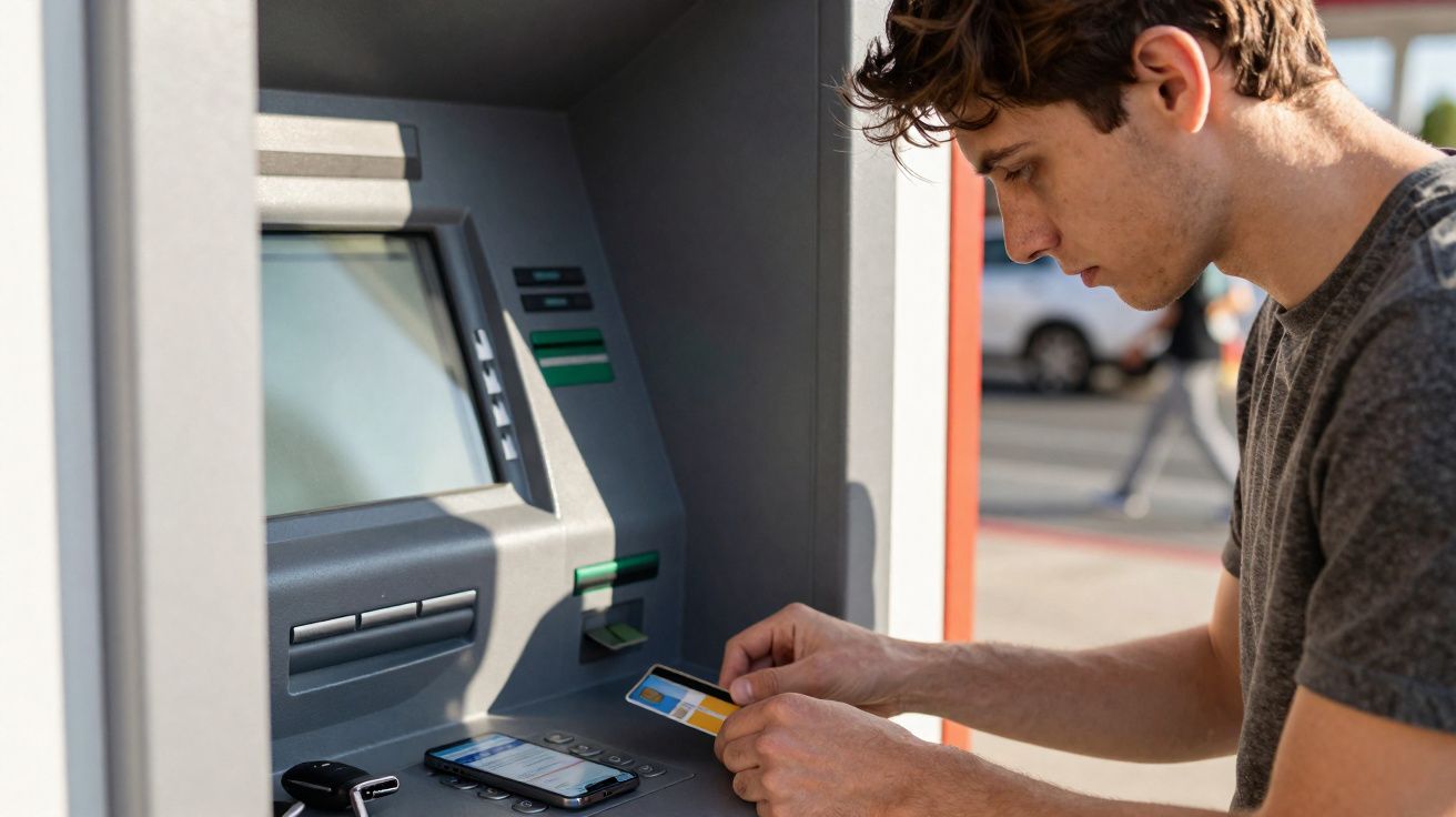 Jovem a usar cartão bancário num multibanco ao ar livre com smartphone sobre a banca do caixa automático.